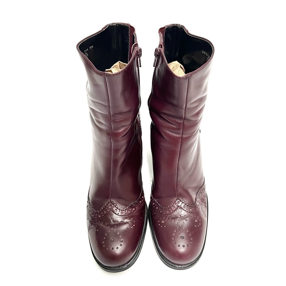 Vintage 1990s oxblood leather brogue wingtip zip up heeled ankle boots - Picture 3 of 9
